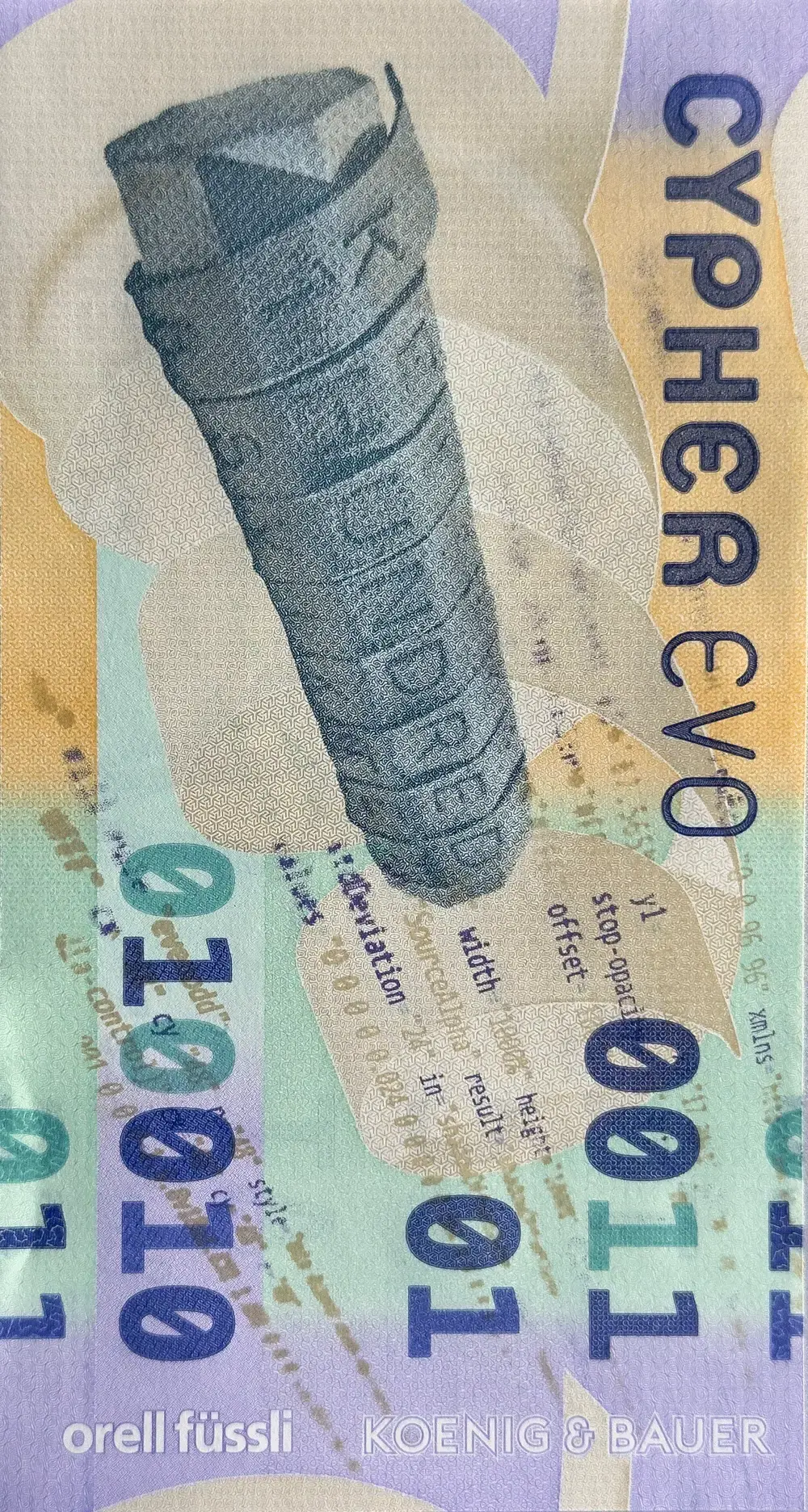 The frontside of a banknote showing a greek scytale featuring a strip of leather wrapped around a wooden log, as well as strings of zeros and ones representing binary code.